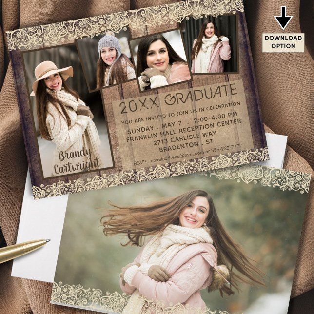 Rustic Country Wood Lace GRADUATE 5 Photos Invitation (Creator Uploaded)