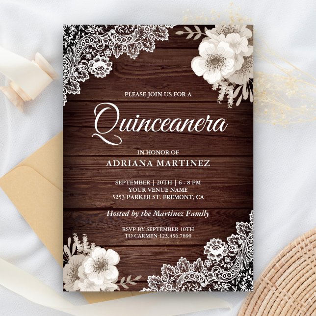 Rustic Country Wood Lace Ivory Floral Quinceanera Invitation (Creator Uploaded)
