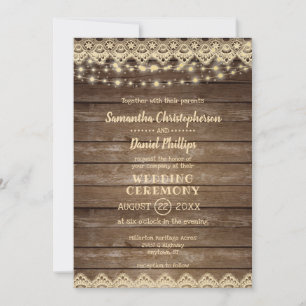 Rustic Country Wood   Lace & Lights Wedding Invitation