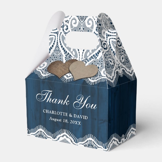 Rustic Country Wood Lace Navy Blue Wedding Favour Box (Front Side)