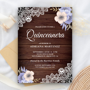 Rustic Country Wood Lace Purple Floral Quinceanera Invitation