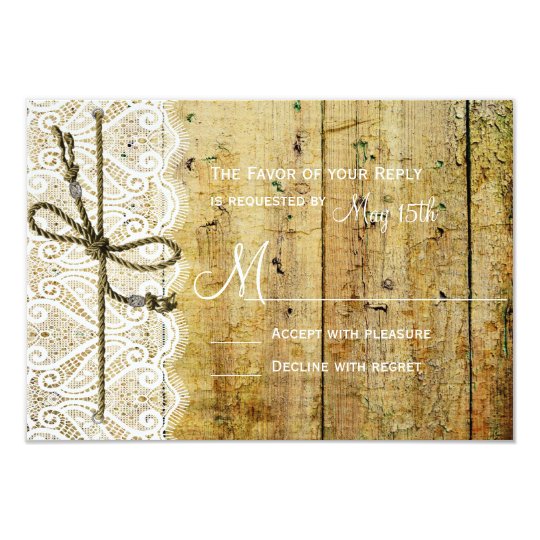 Rustic Country Wood Lace Square Wedding RSVP Cards