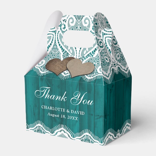 Rustic Country Wood Lace Teal Wedding Favour Box (Front Side)