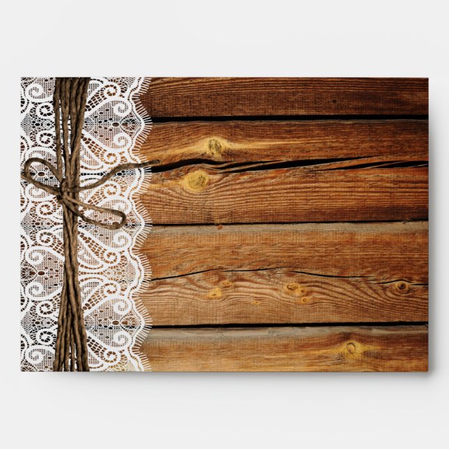 Rustic Country Wood Lace Twine Wedding Envelopes (Front)