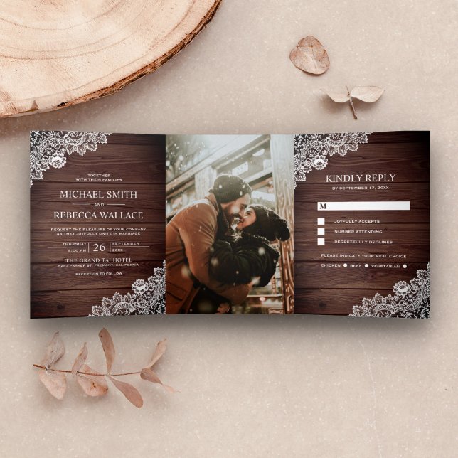 Rustic Country Wood Lace Wedding Photo Tri-Fold Invitation (Creator Uploaded)