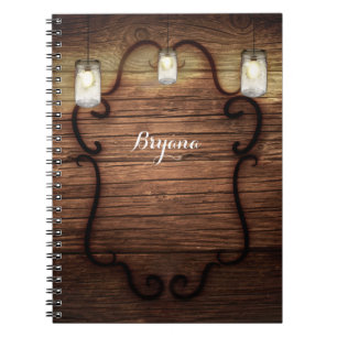 Rustic Country Wood & Lighted Mason Jars Notebook