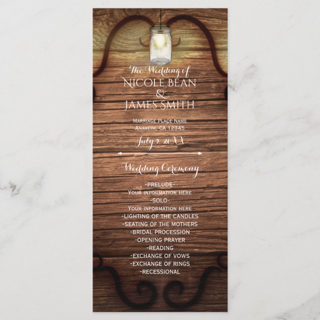 Rustic Country Wood & Lighted Mason Jars Program (Front)