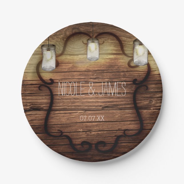 Rustic Country Wood & Lighted Mason Jars Wedding Paper Plate (Front)