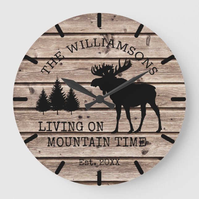 Rustic Country Wood Living on Mountain Time Moose Large Clock (Front)