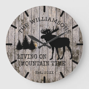 Rustic Country Wood Living on Mountain Time Moose Large Clock