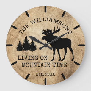 Rustic Country Wood Living on Mountain Time Moose Large Clock