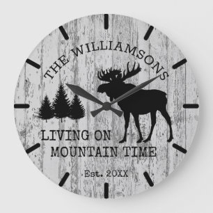 Rustic Country Wood Living on Mountain Time Moose Large Clock