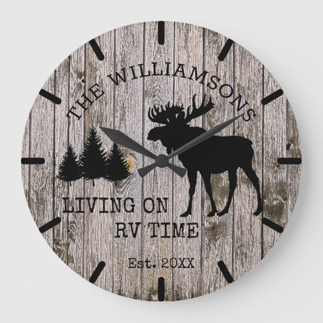Rustic Country Wood Living on RV Time Moose Clock (Front)