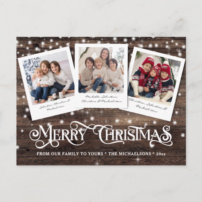 Rustic Country Wood Merry Christmas 3 Photo Holiday Postcard (Front)