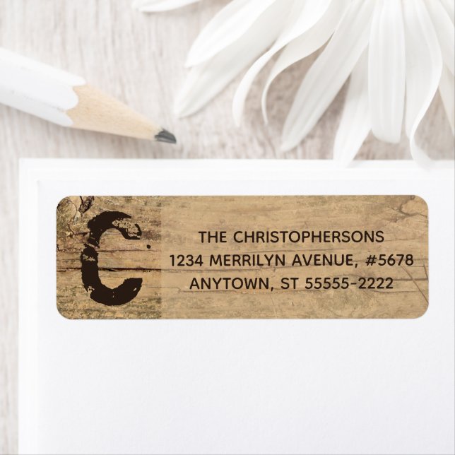 Rustic Country Wood Monogram Return Address Label (Insitu)