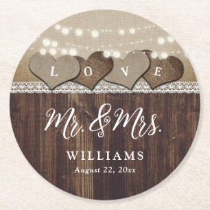 Rustic Country Wood Mr and Mrs Wedding Round Paper Coaster