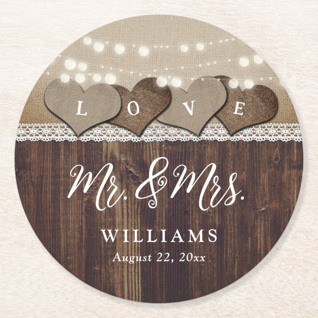 Rustic Country Wood Mr and Mrs Wedding Round Paper Coaster (Front)