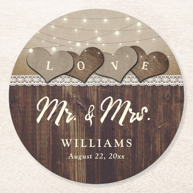 Rustic Country Wood Mr and Mrs Wedding Round Paper Coaster (Front)