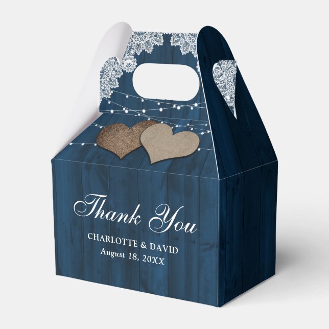 Rustic Country Wood Navy Blue Wedding Thank You Favour Box (Front Side)