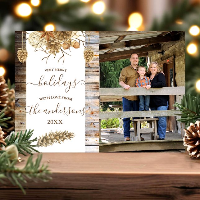 Rustic Country Wood Pinecone Holiday Photo Card (Creator Uploaded)