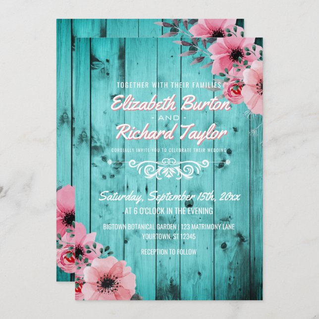 Rustic Country Wood Pink Floral Boho Teal Wedding Invitation (Front/Back)