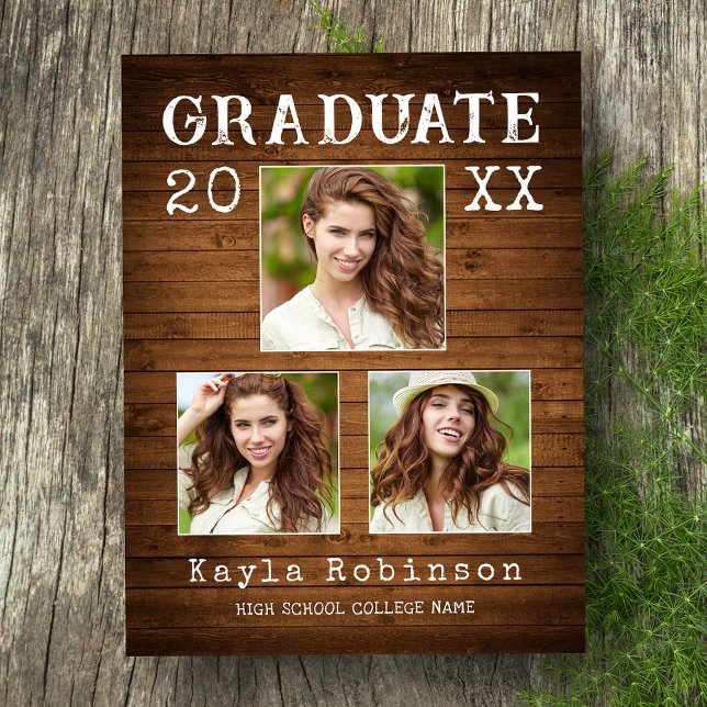 Rustic Country Wood Print 3 Photo Graduation Postcard (Creator Uploaded)