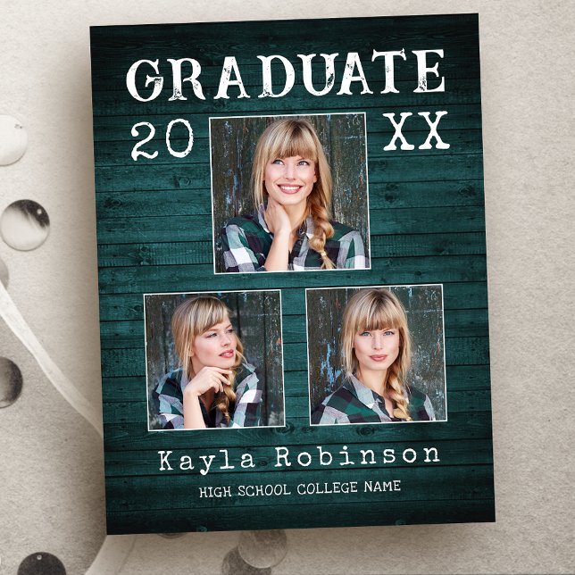 Rustic Country Wood Print 3 Photo Graduation Postcard (Creator Uploaded)
