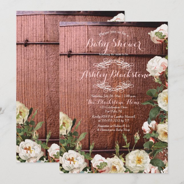 Rustic Country Wood Scotch Roses Baby Shower Invitation (Front/Back)
