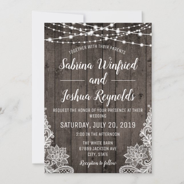Rustic Country Wood String Lights Lace Wedding Invitation (Front)