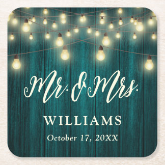Rustic Country Wood String Lights Teal Wedding Square Paper Coaster