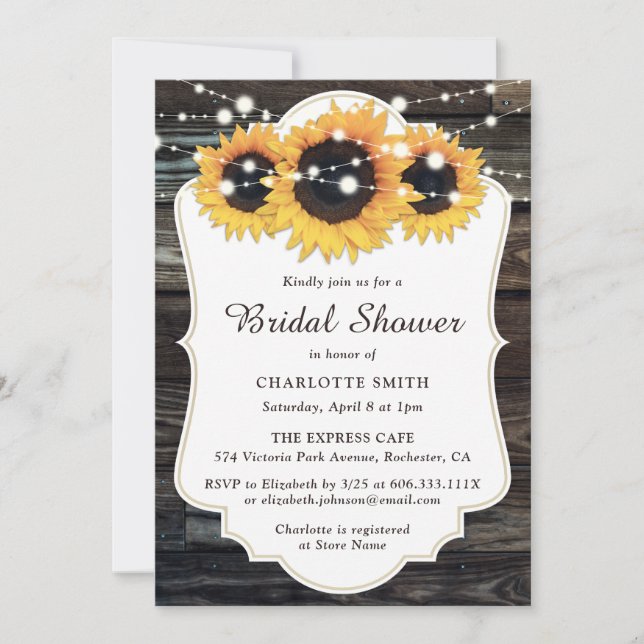 Rustic Country Wood Sunflower Bridal Shower Invitation (Front)