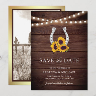 Rustic Country Wood Sunflower Horseshoe Wedding Save The Date