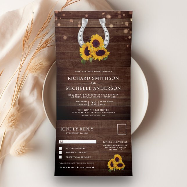 Rustic Country Wood Sunflower Horseshoe Wedding Tri-Fold Invitation (Creator Uploaded)