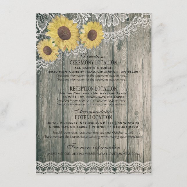 Rustic Country Wood Sunflower Lace Wedding Details Enclosure Card (Front)