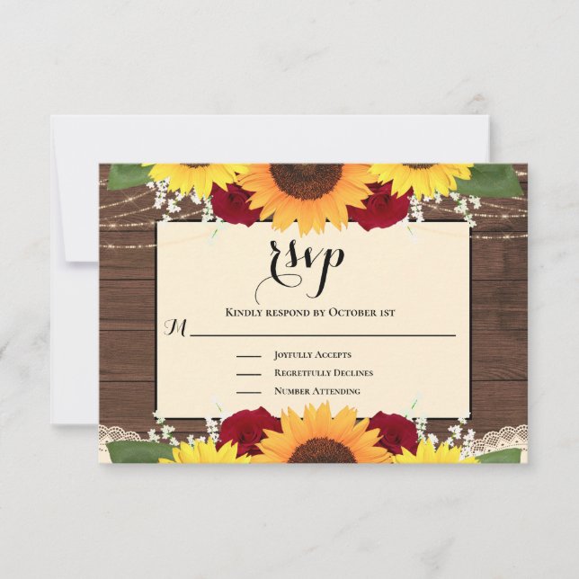 Rustic Country Wood Sunflower Rose Wedding RSVP (Front)