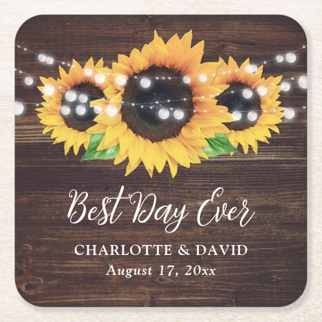 Rustic Country Wood Sunflower Wedding Square Paper Coaster (Front)