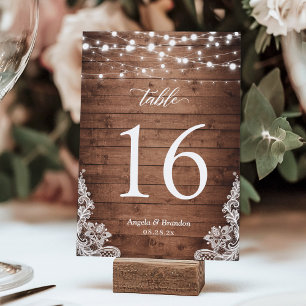 Rustic Country Wood Twinkle Lights Lace Wedding Table Number