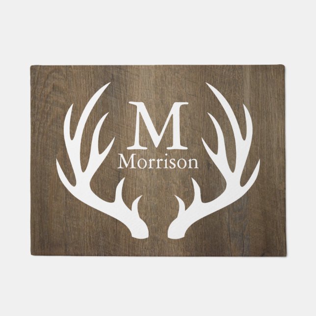 Rustic Country Wood White Deer Antlers Family Name Doormat (Front)