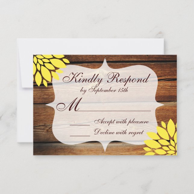 Rustic Country Wood Yellow Flower Wedding RSVP (Front)
