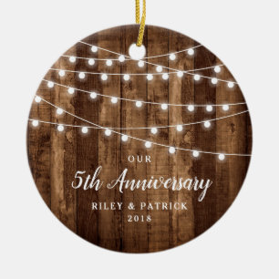 Rustic Country Woodgrain Anniversary Dated Ceramic Ornament