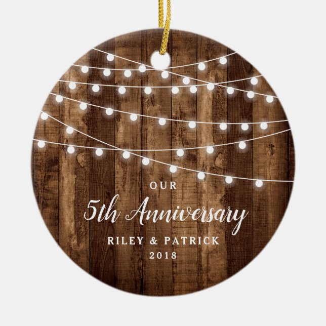 Rustic Country Woodgrain Anniversary Dated Ceramic Ornament (Front)