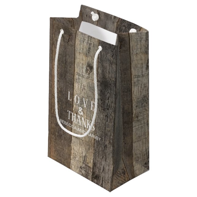 rustic country woodgrain barn wedding favour small gift bag (Front Angled)