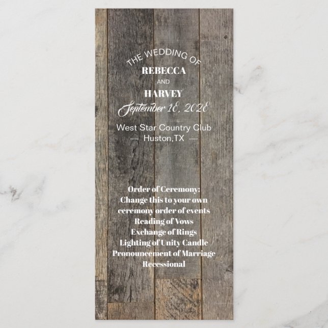 rustic country woodgrain barn wedding programs (Front)