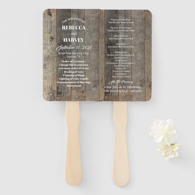 rustic country woodgrain barn wedding programs hand fan (Front and Back)