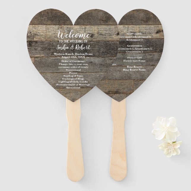 rustic country woodgrain barn wedding programs hand fan (Front and Back)