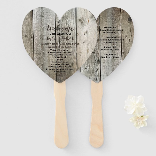 rustic country woodgrain barn wedding programs hand fan (Front and Back)