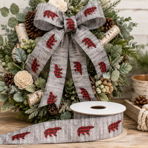 rustic country woodgrain buffalo plaid bear satin ribbon