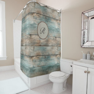 Rustic Country Worn Blue Wooden Fence Boards Shower Curtain