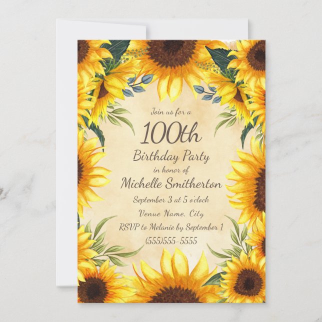 Rustic Country Yellow Sunflowers 100th Birthday In Invitation (Front)