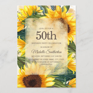 Rustic Country Yellow Sunflowers 50th Birthday Invitation